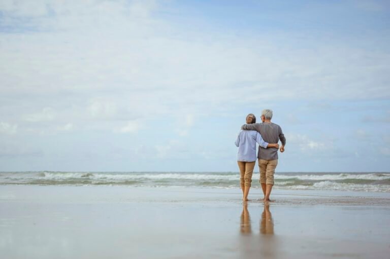 Senior couples walking on the beach at sunny day, plan life insurance